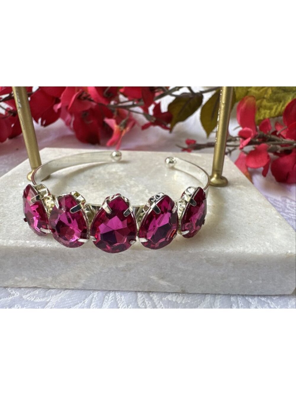 Pink Teardrop Faux Crystal Silvertone Rhinestone Cuff Bracelet Womens Party NEW